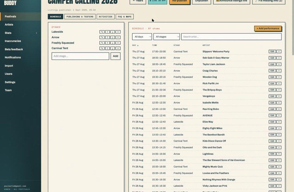 The Backstage schedule editor: stages on the left, performances by day, time, stage and artist on the right