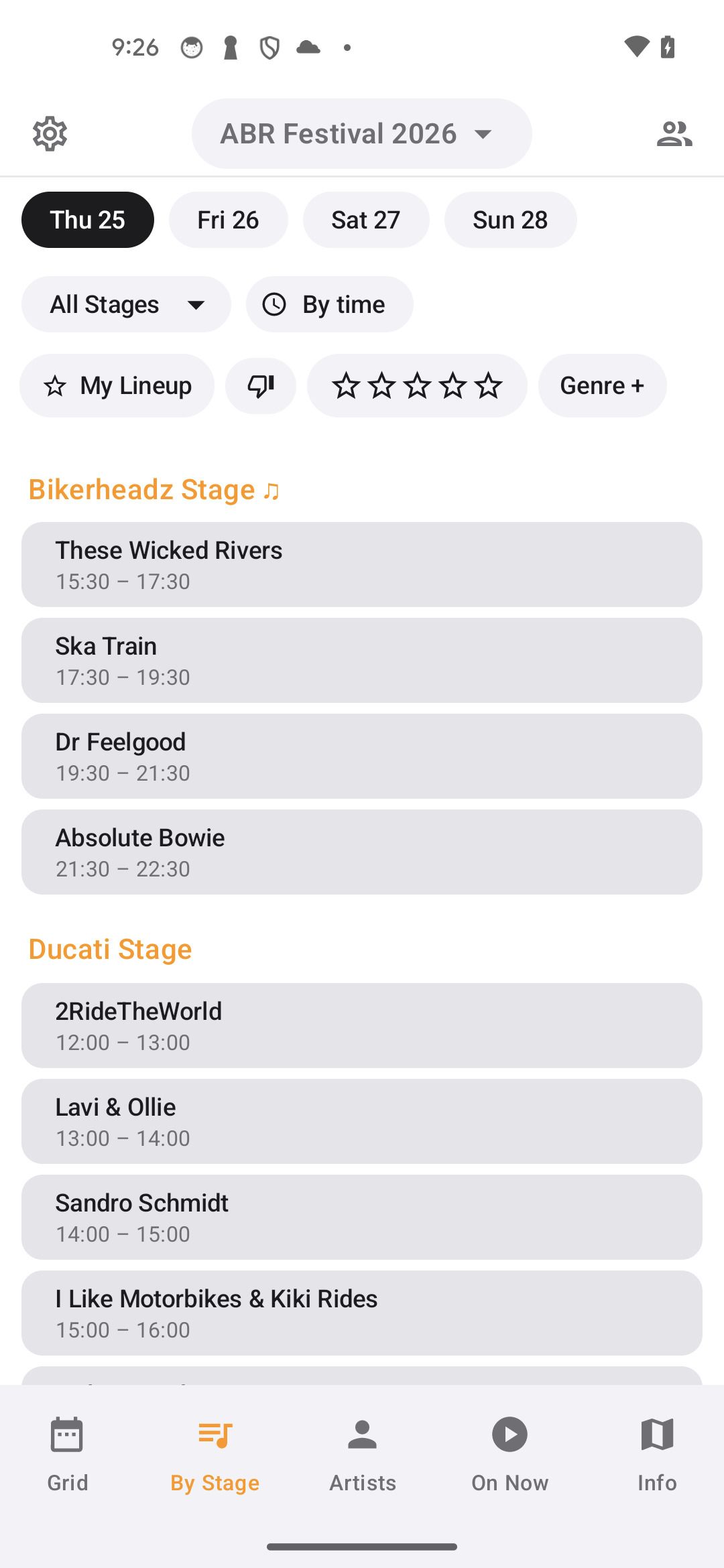 The by-stage schedule with day and stage filters