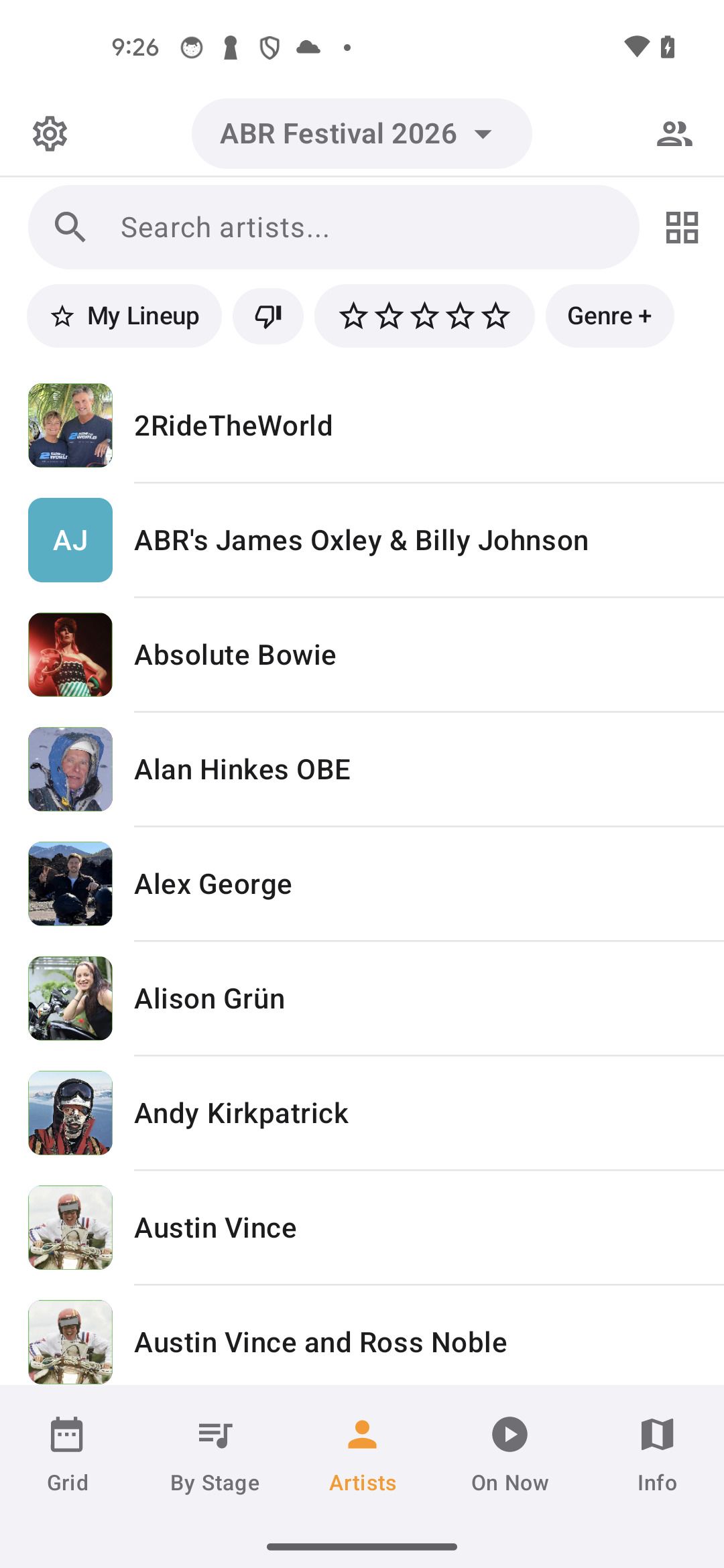 The artists list, searchable by name and genre