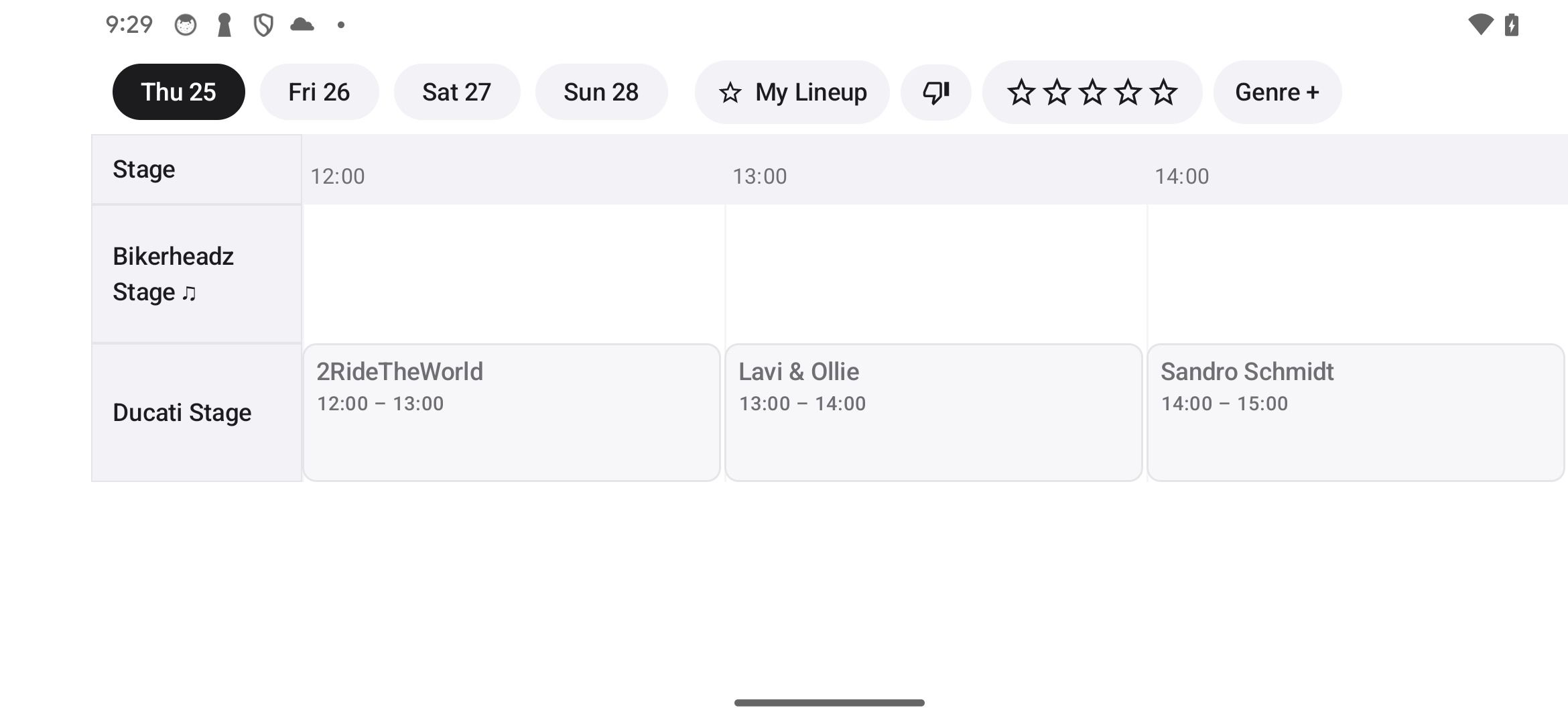 The schedule grid in landscape: stages down the side, times across the top