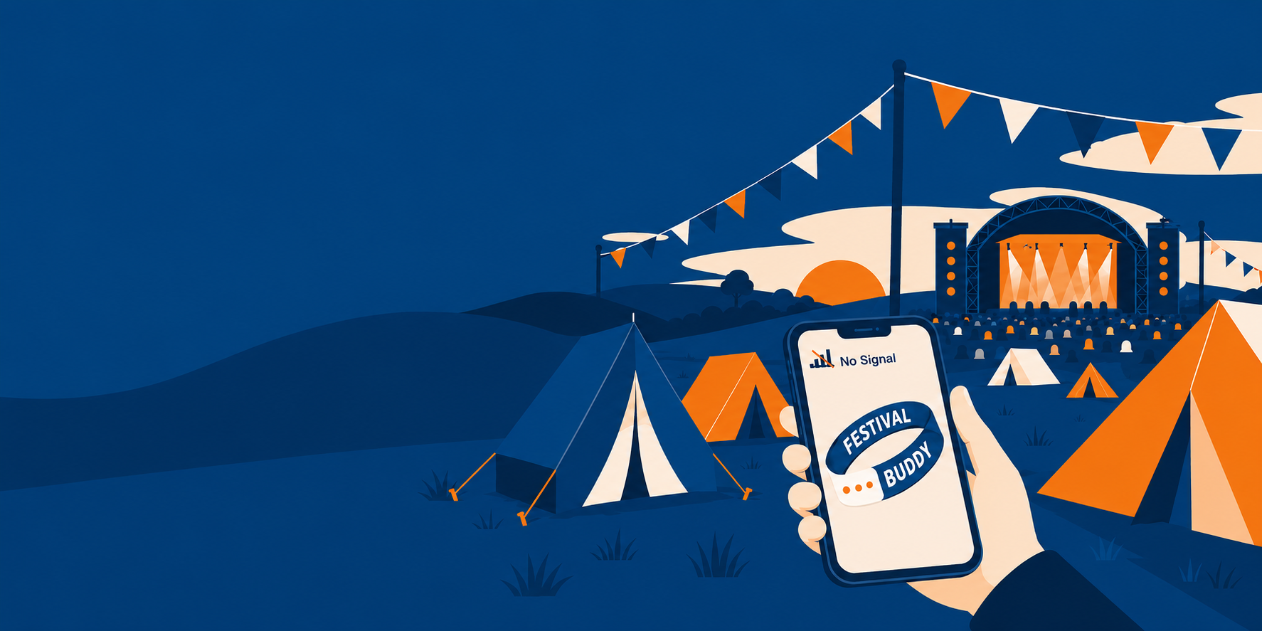 A festival field at dusk with a hand holding a phone showing Festival Buddy and no signal