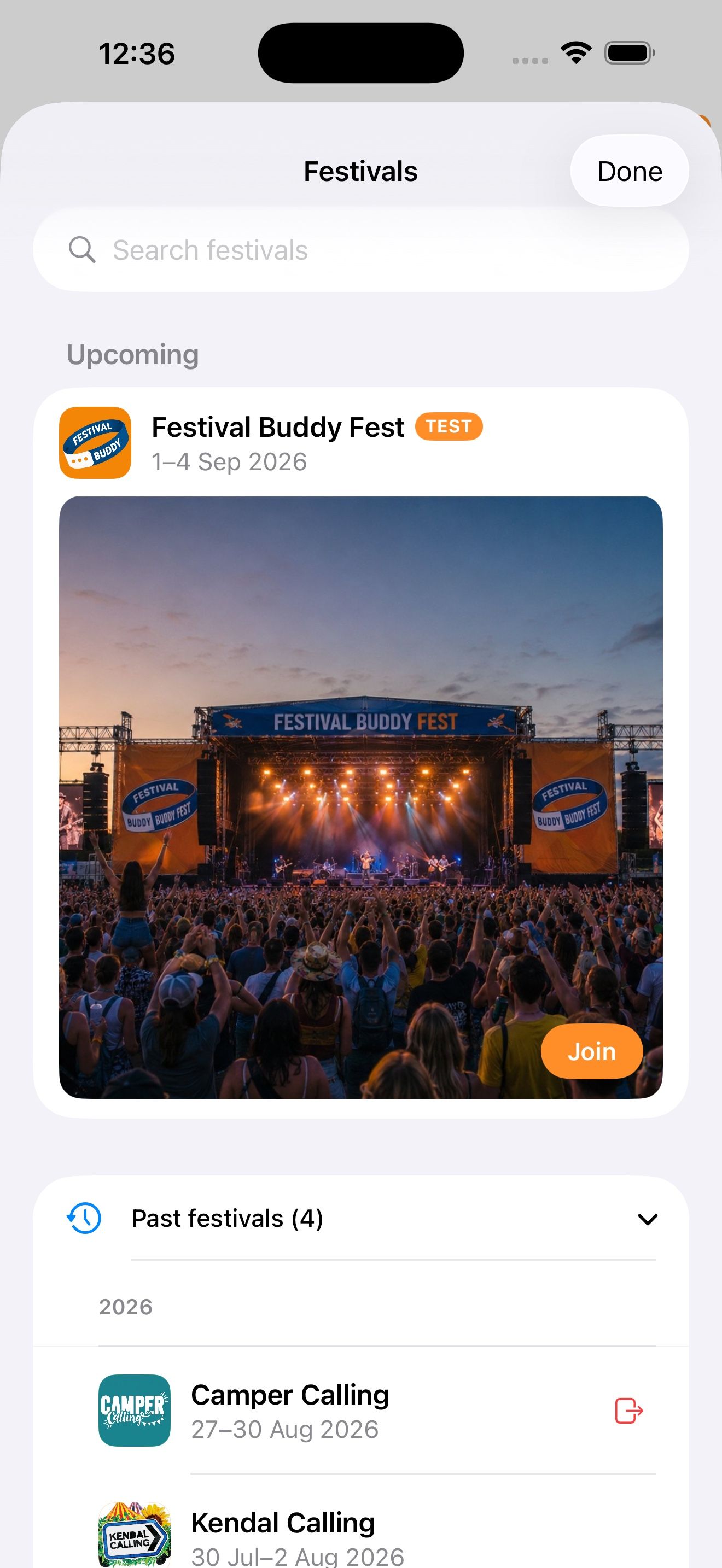The festival picker: join an upcoming festival or switch between the ones you attend