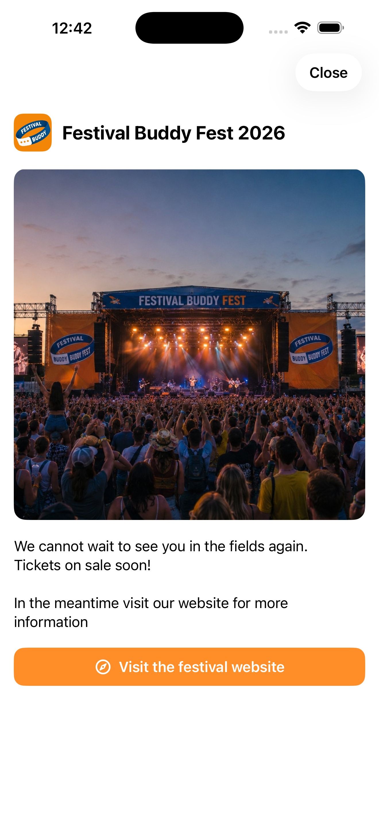 A festival welcome card with a photo and a link to the festival website
