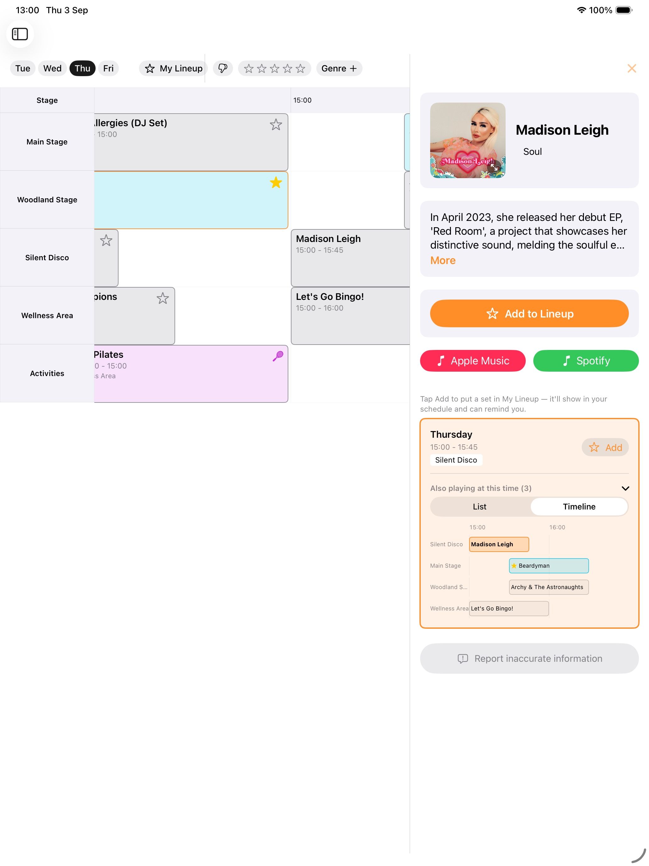 An artist page open beside the schedule grid on iPad