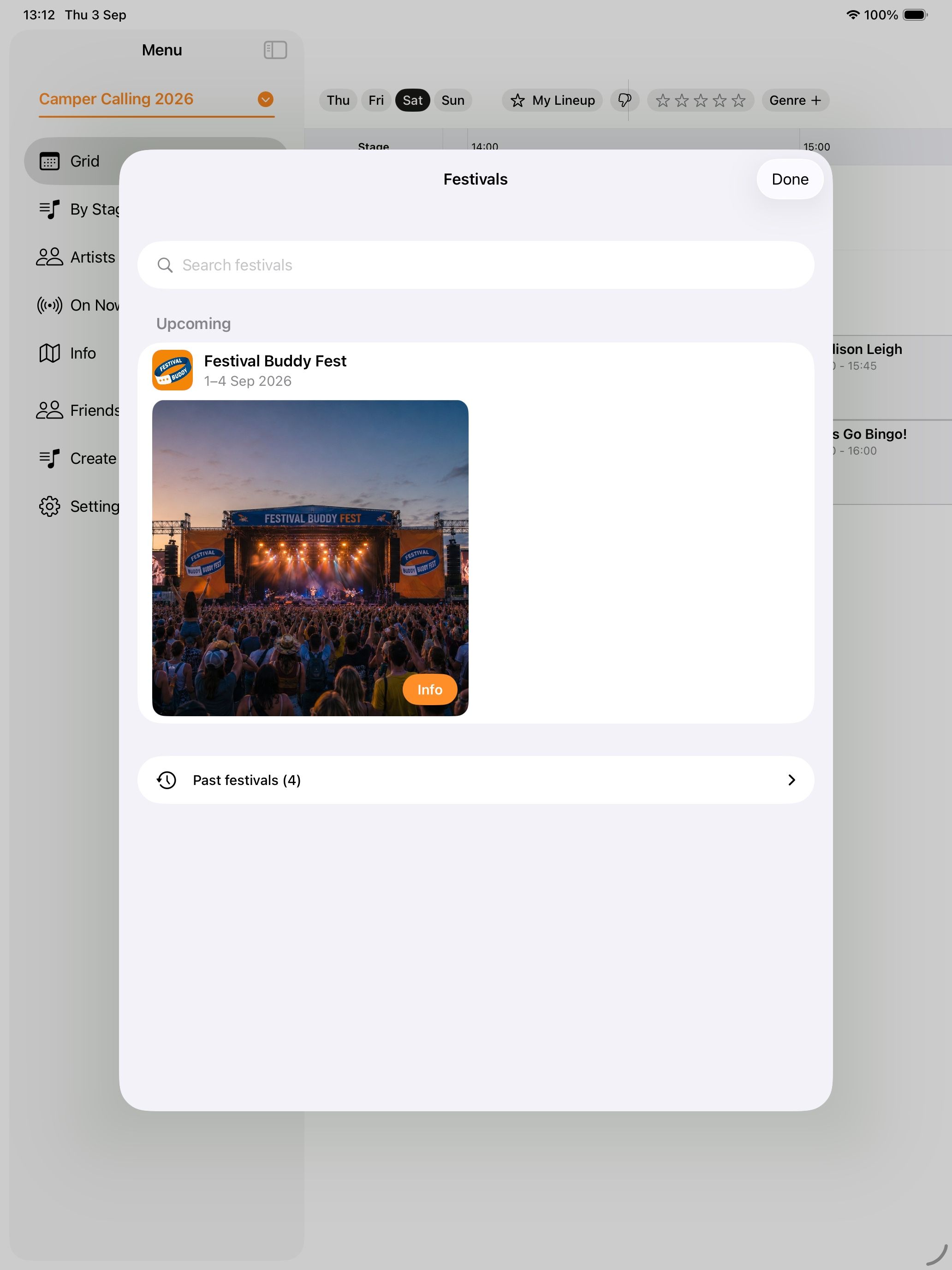 The festival picker: join an upcoming festival or switch between the ones you attend
