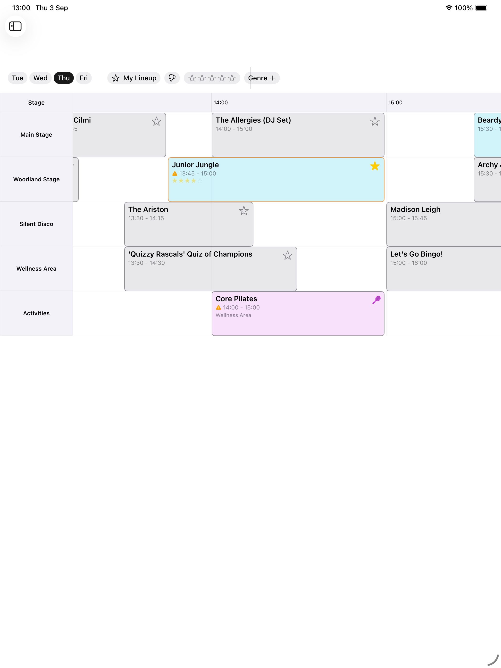 The schedule grid on iPad in portrait