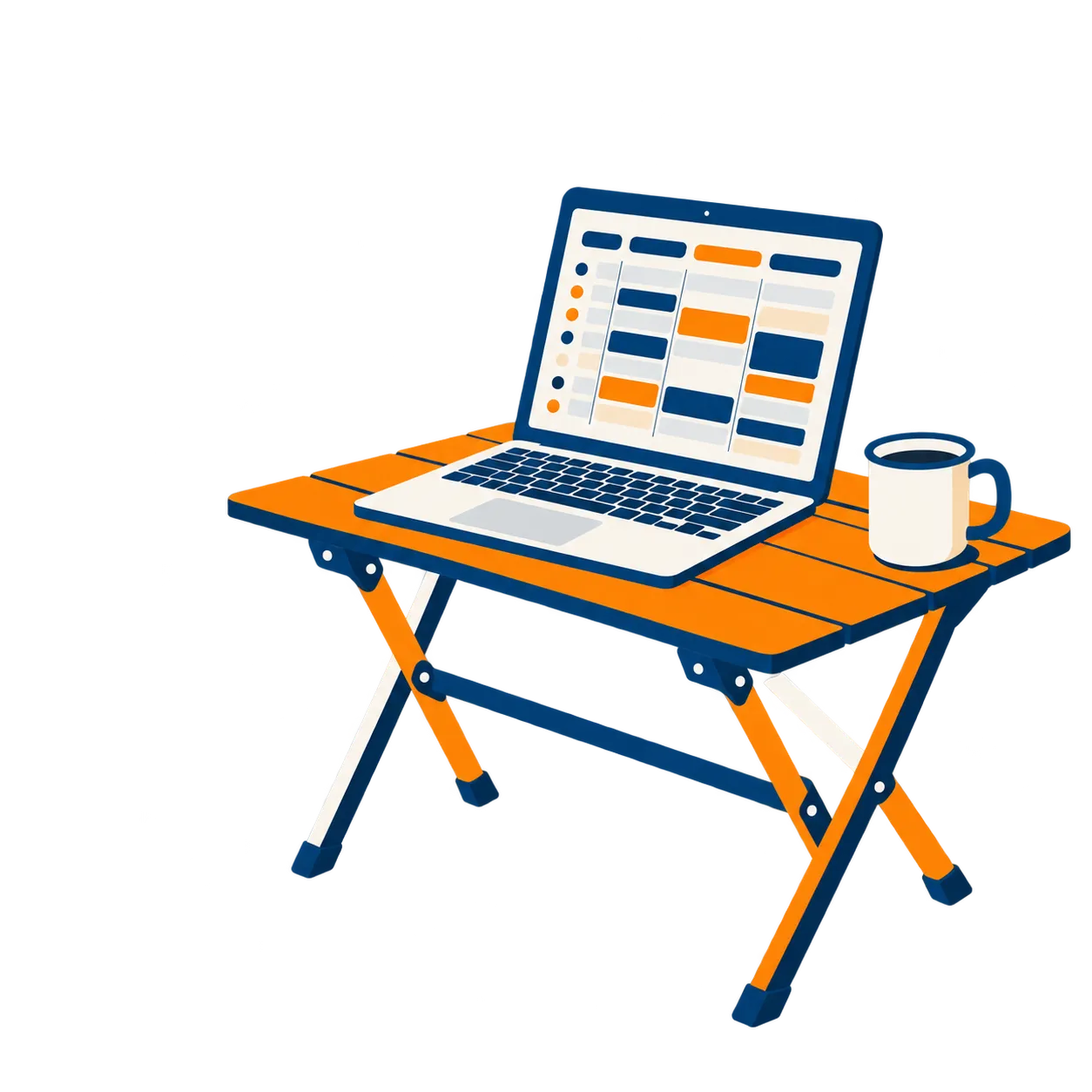 A laptop on a camping table showing the Backstage schedule, a mug beside it