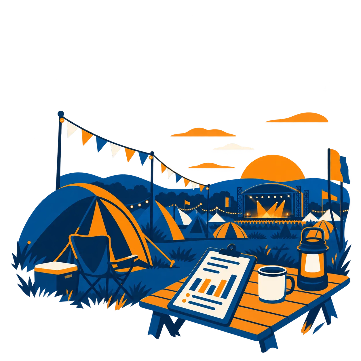 A campsite at dusk with tents and bunting, a clipboard with a bar chart on a picnic table