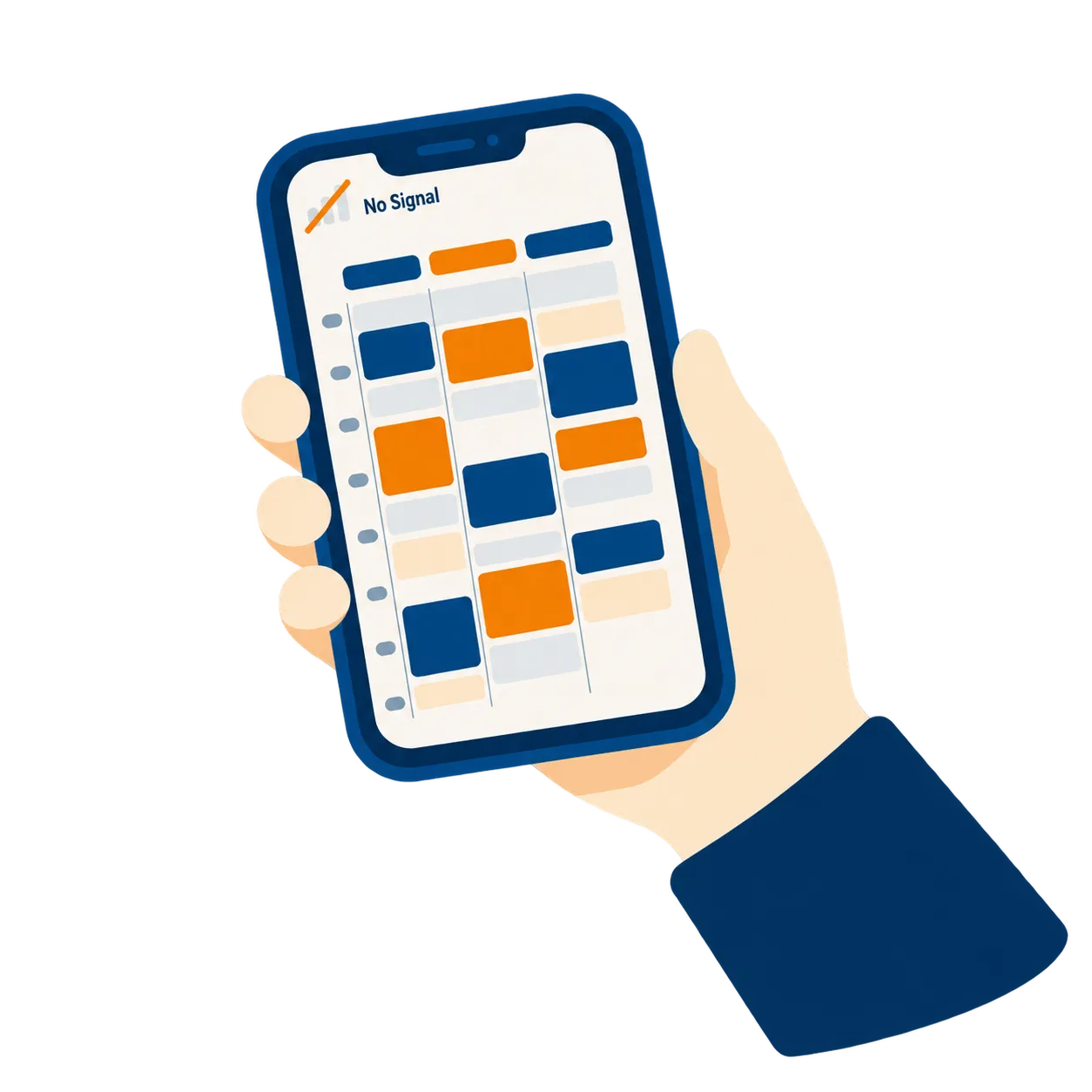 A hand holding a phone showing the festival grid with no signal